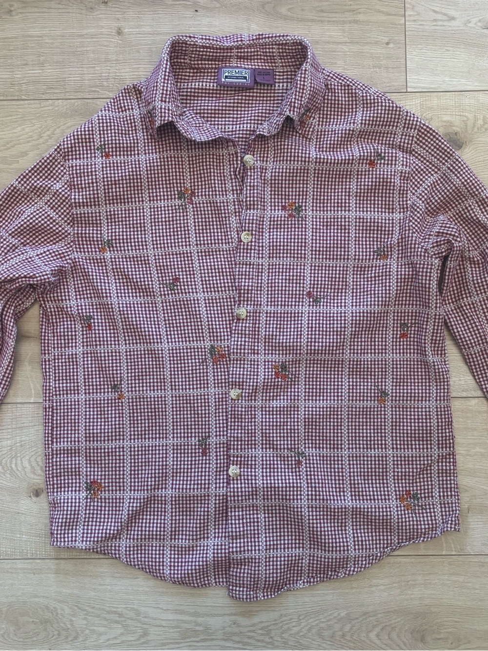 Red Gingham Button Down Cottagecore Embroidered Floral Shirt Vintage Americana